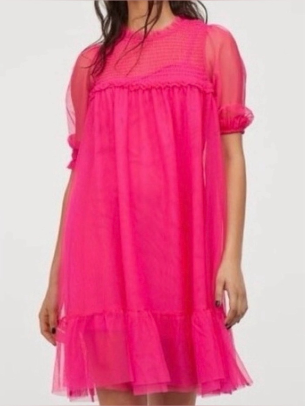 H&M Hot Pink Sheer Babydoll Dress-Flawed